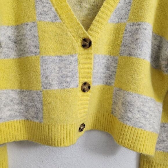 Zara Sweater Small Yellow Gray Check Plaid Knit Cardigan Alpaca Wool V-neck NWT - Picture 3 of 9